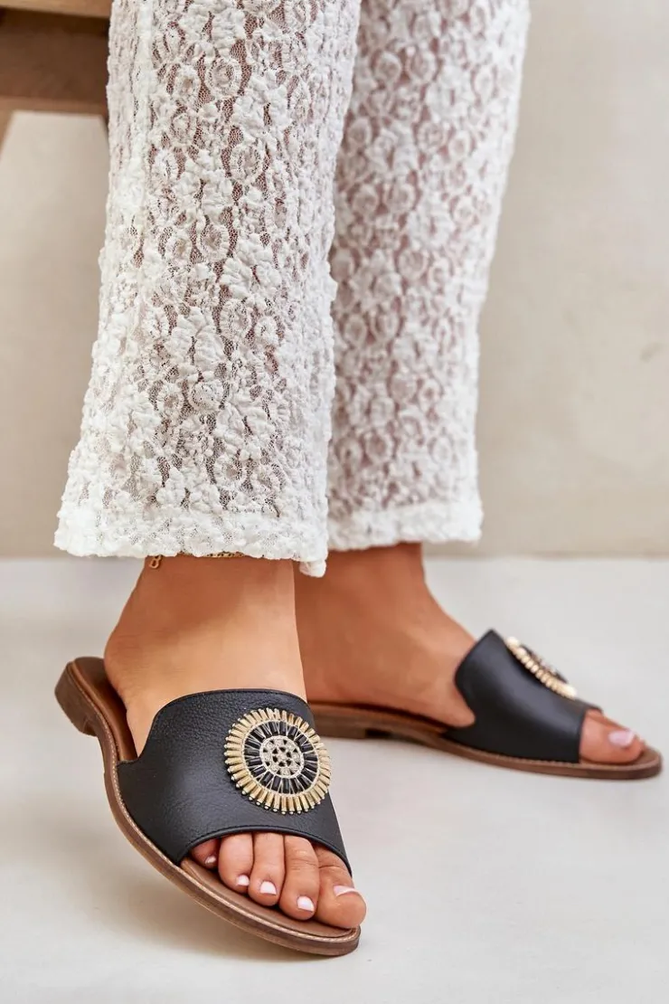 Online Boto Skórzane Klapki Z Ozdobą Na Płaskim Obcasie Zazoo 3047/O Czarne Czarny