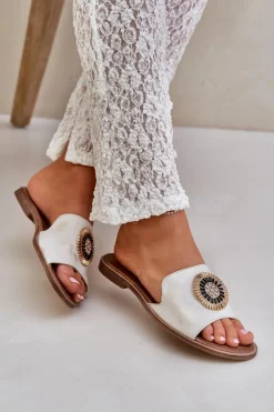 Damskie Boto Skórzane Klapki Z Ozdobą Na Płaskim Obcasie Lewski 3047/O Przecierany