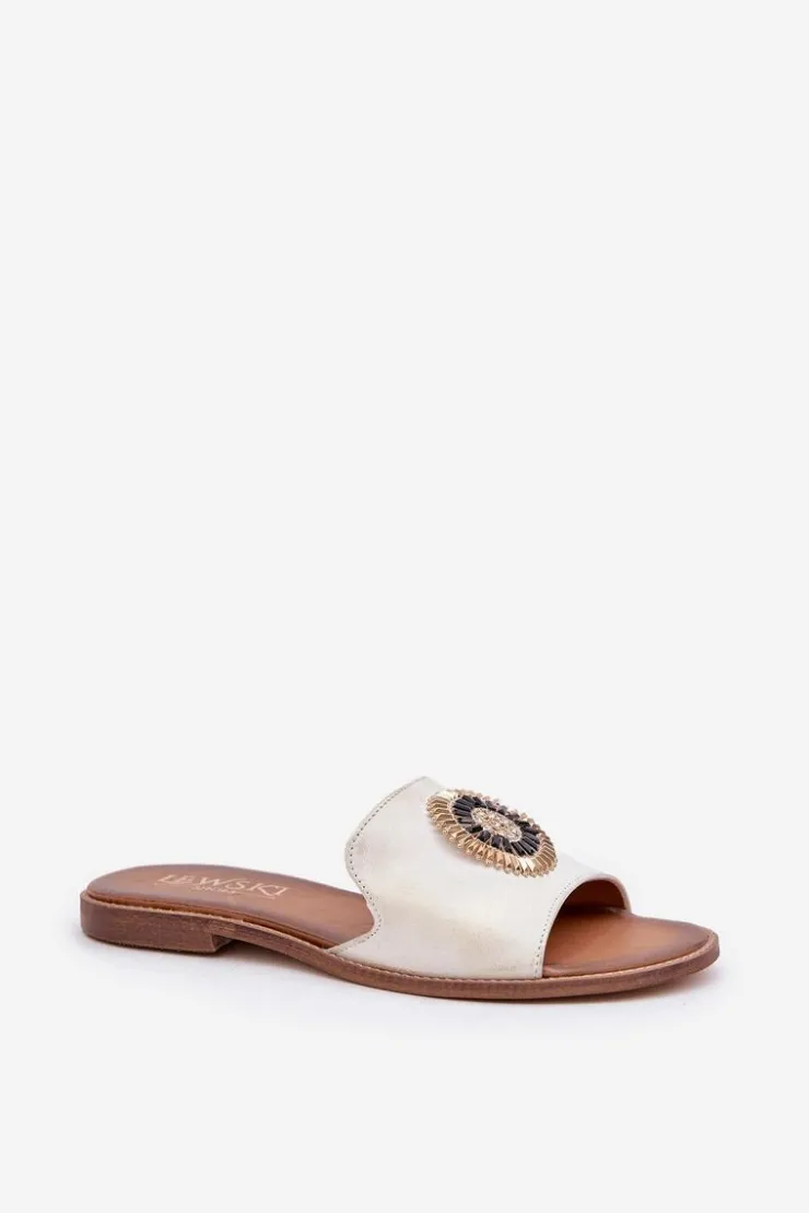 Damskie Boto Skórzane Klapki Z Ozdobą Na Płaskim Obcasie Lewski 3047/O Przecierany