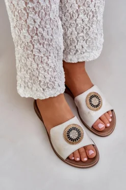 Damskie Boto Skórzane Klapki Z Ozdobą Na Płaskim Obcasie Lewski 3047/O Przecierany