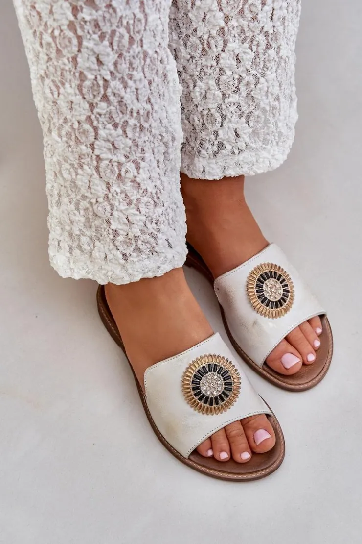 Damskie Boto Skórzane Klapki Z Ozdobą Na Płaskim Obcasie Lewski 3047/O Przecierany