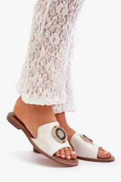 Damskie Boto Skórzane Klapki Z Ozdobą Na Płaskim Obcasie Lewski 3047/O Przecierany