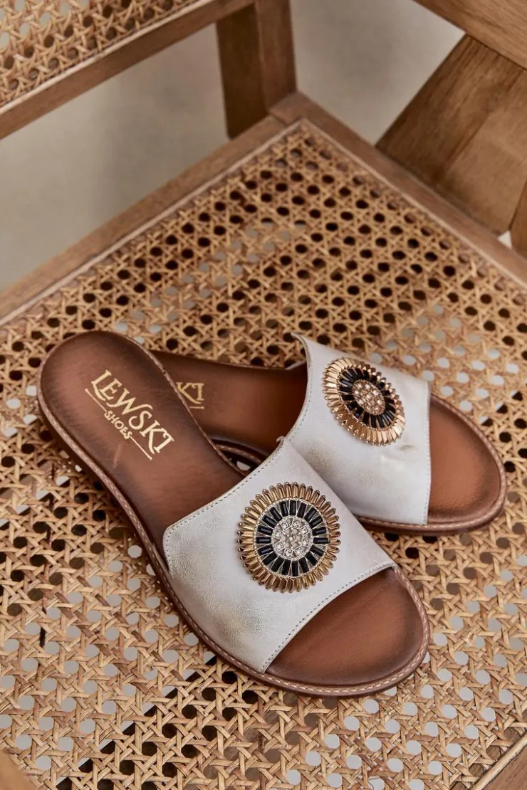 Damskie Boto Skórzane Klapki Z Ozdobą Na Płaskim Obcasie Lewski 3047/O Przecierany