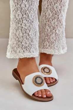 Boto Klapki Damskie Klasyczne*Skórzane Klapki Z Ozdobą Na Płaskim Obcasie Lewski 3047/O Białe Biały