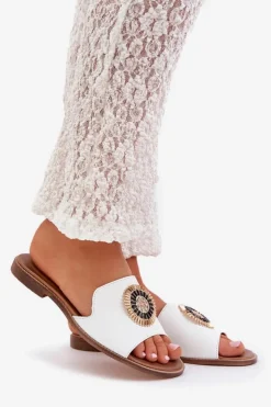 Boto Klapki Damskie Klasyczne*Skórzane Klapki Z Ozdobą Na Płaskim Obcasie Lewski 3047/O Białe Biały