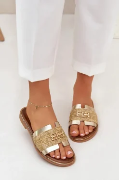 Best Zazoo Skórzane Klapki Z Ozdobnym Detalem I Plecionką 40426 Złote Złoty