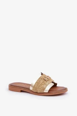 Best Zazoo Skórzane Klapki Z Ozdobnym Detalem I Plecionką 40426 Złote Złoty