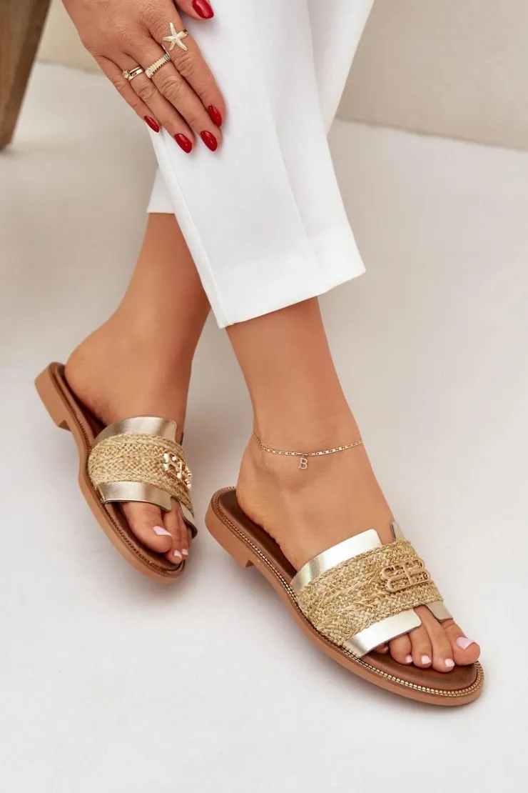 Best Zazoo Skórzane Klapki Z Ozdobnym Detalem I Plecionką 40426 Złote Złoty