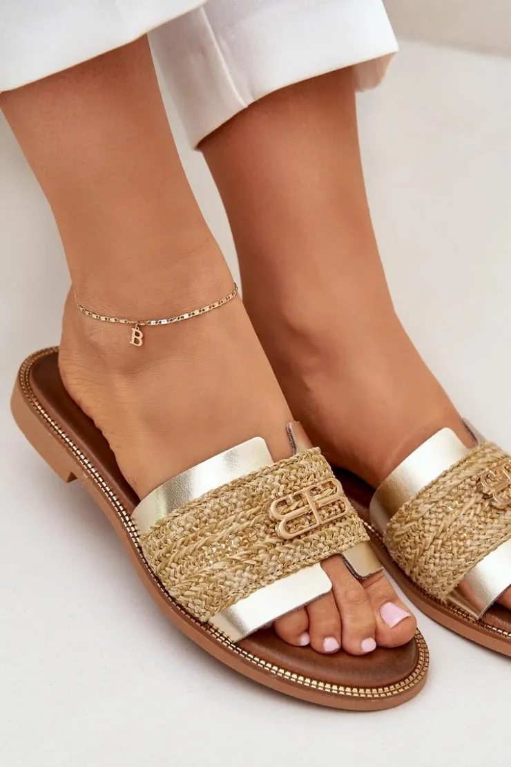 Best Zazoo Skórzane Klapki Z Ozdobnym Detalem I Plecionką 40426 Złote Złoty