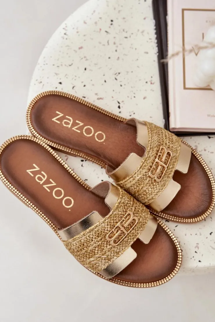 Best Zazoo Skórzane Klapki Z Ozdobnym Detalem I Plecionką 40426 Złote Złoty