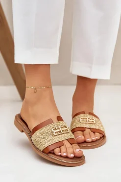 Zazoo Klapki Damskie Klasyczne*Skórzane Klapki Z Ozdobnym Detalem I Plecionką 40426 Brązowe Brązowy