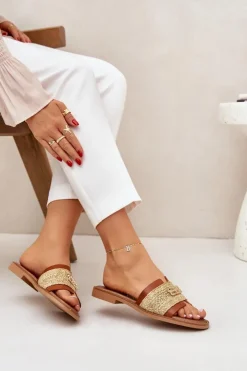 Zazoo Klapki Damskie Klasyczne*Skórzane Klapki Z Ozdobnym Detalem I Plecionką 40426 Brązowe Brązowy