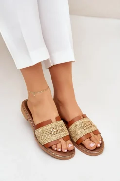 Zazoo Klapki Damskie Klasyczne*Skórzane Klapki Z Ozdobnym Detalem I Plecionką 40426 Brązowe Brązowy