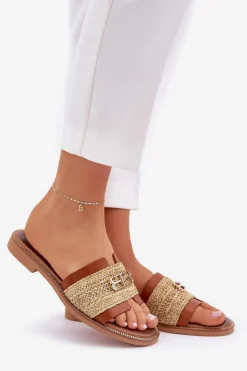 Zazoo Klapki Damskie Klasyczne*Skórzane Klapki Z Ozdobnym Detalem I Plecionką 40426 Brązowe Brązowy