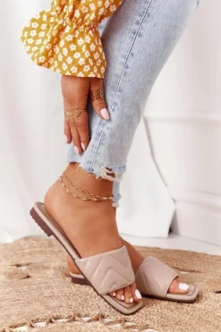 Hot Damskie buty S.Barski Skórzane Klapki Z Pikowaniem S.Barski 331-42 Cappuccino