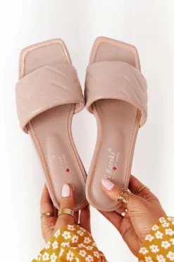 Hot Damskie buty S.Barski Skórzane Klapki Z Pikowaniem S.Barski 331-42 Cappuccino