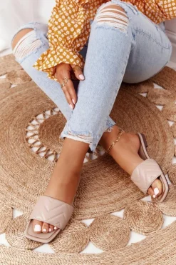 Hot Damskie buty S.Barski Skórzane Klapki Z Pikowaniem S.Barski 331-42 Cappuccino