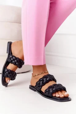 Online Boto Skórzane Klapki Z Plecionką Czarne Love On Top