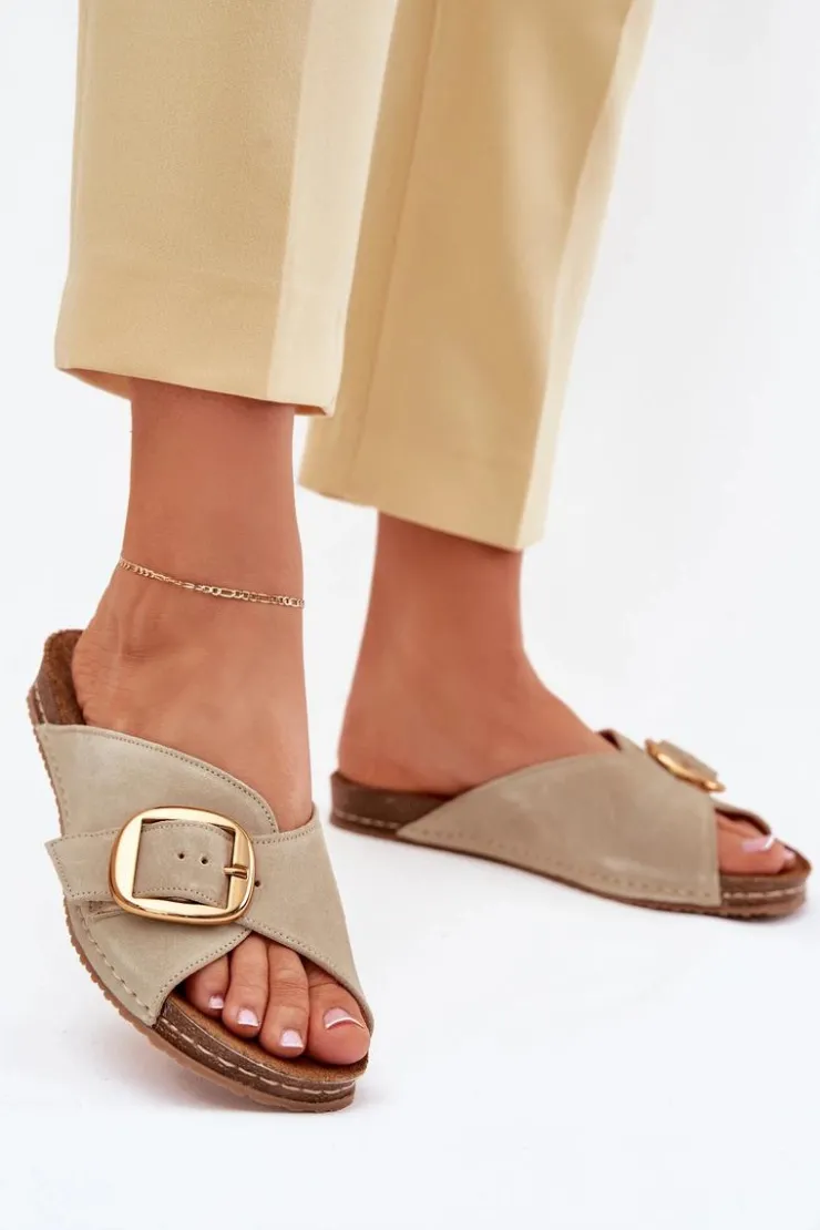 Maciejka Klapki Damskie Klasyczne*Skórzane Klapki Ze Złotą Klamrą 07000-22 Pistacjowe Zielony