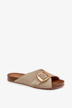 Maciejka Klapki Damskie Klasyczne*Skórzane Klapki Ze Złotą Klamrą 07000-22 Pistacjowe Zielony