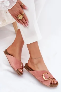 Damskie Maciejka Skórzane Klapki Ze Złotą Klamrą 07000-15 Różowe