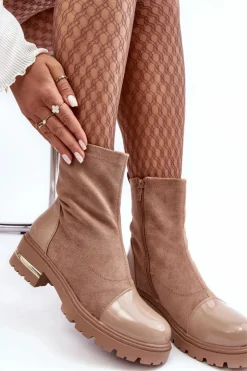 Damskie Boto Skórzane Klasyczne Botki Na Płaskim Obcasie Beżowe Shendete