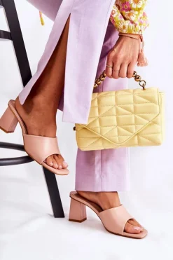 Damskie Boto Skórzane Klasyczne Klapki Na Obcasie Nude Talena