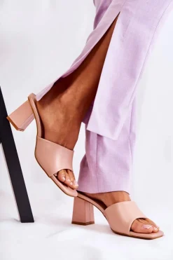 Damskie Boto Skórzane Klasyczne Klapki Na Obcasie Nude Talena