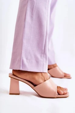 Damskie Boto Skórzane Klasyczne Klapki Na Obcasie Nude Talena