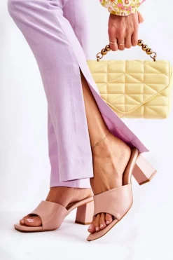 Damskie Boto Skórzane Klasyczne Klapki Na Obcasie Nude Talena