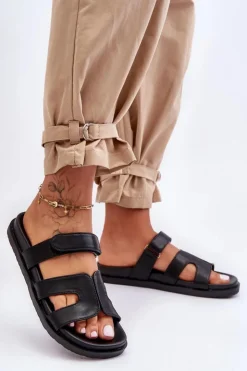 Discount Boto Skórzane Klasyczne Klapki Damskie Na Rzep Czarne Amedon