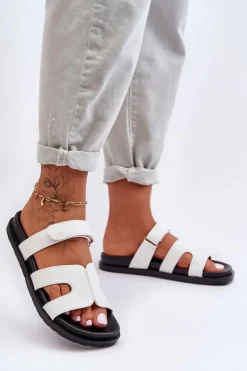 Damskie Boto Skórzane Klasyczne Klapki Damskie Na Rzep Białe Amedon