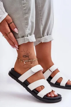 Damskie Boto Skórzane Klasyczne Klapki Damskie Na Rzep Białe Amedon