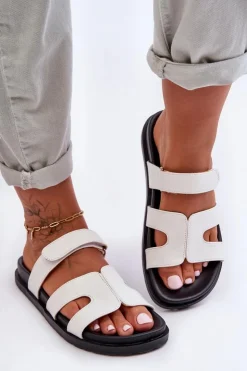 Damskie Boto Skórzane Klasyczne Klapki Damskie Na Rzep Białe Amedon