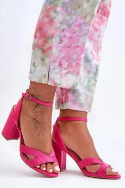 Damskie Boto Skórzane Klasyczne Sandałki Na Słupku Fuksja Zipola