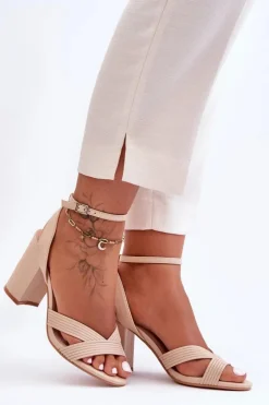 Hot Boto Skórzane Klasyczne Sandałki Na Słupku Beżowe Zipola