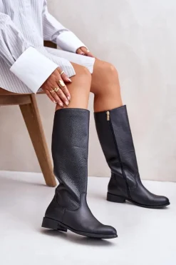 Zazoo Kozaki Płaskie|Kozaki Przed Kolano*Skórzane Kozaki Damskie Do Połowy Łydki Na Zamek Lewski 3616 Czarne Czarny