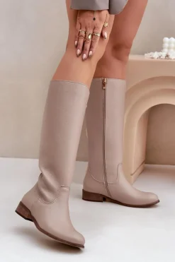 Zazoo Kozaki Płaskie|Kozaki Przed Kolano*Skórzane Kozaki Damskie Do Połowy Łydki Na Zamek 3616 Jasnobeżowe Beżowy