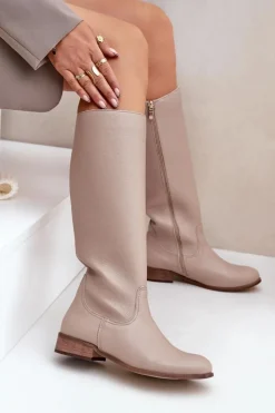 Zazoo Kozaki Płaskie|Kozaki Przed Kolano*Skórzane Kozaki Damskie Do Połowy Łydki Na Zamek 3616 Jasnobeżowe Beżowy