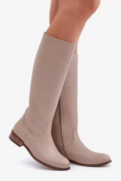 Zazoo Kozaki Płaskie|Kozaki Przed Kolano*Skórzane Kozaki Damskie Do Połowy Łydki Na Zamek 3616 Jasnobeżowe Beżowy