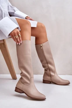 Zazoo Kozaki Płaskie|Kozaki Przed Kolano*Skórzane Kozaki Damskie Do Połowy Łydki Na Zamek Lewski 3616 Beżowe