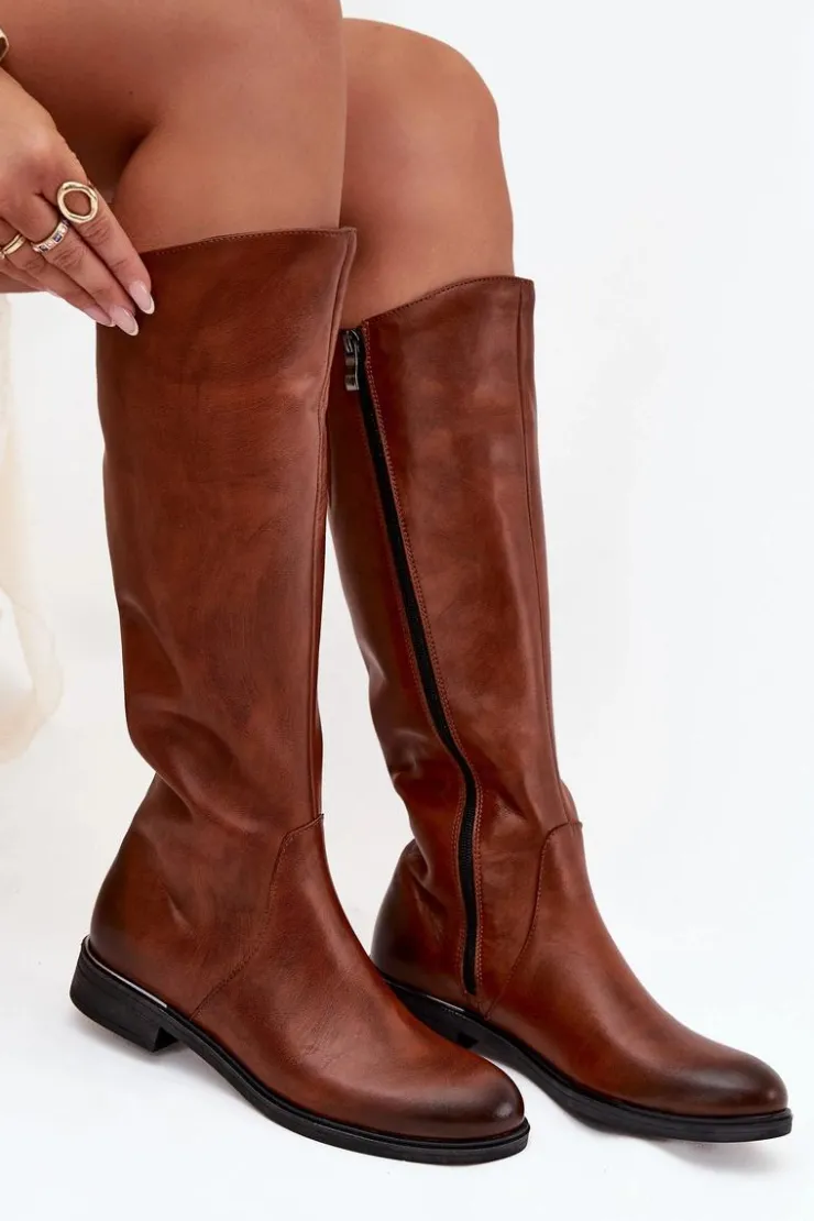 Zazoo Kozaki Ocieplane|Kozaki Płaskie*Skórzane Kozaki Damskie Na Płaskim Obcasie Ocieplane 70150 Brązowe