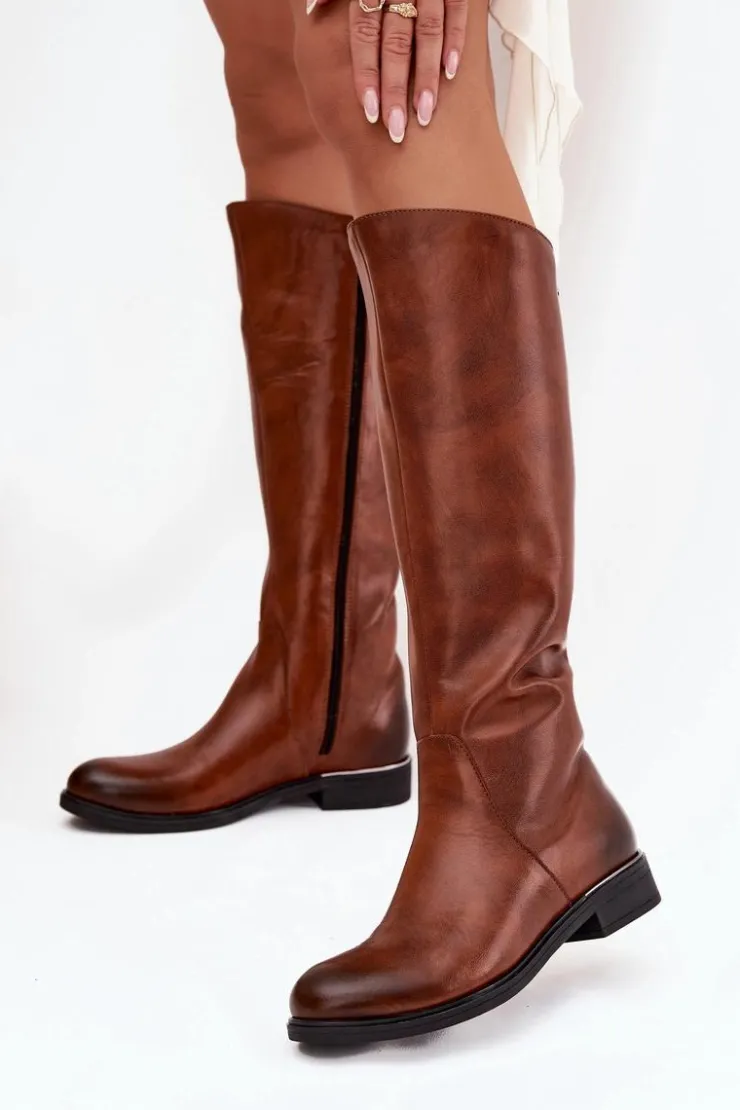 Zazoo Kozaki Ocieplane|Kozaki Płaskie*Skórzane Kozaki Damskie Na Płaskim Obcasie Ocieplane 70150 Brązowe