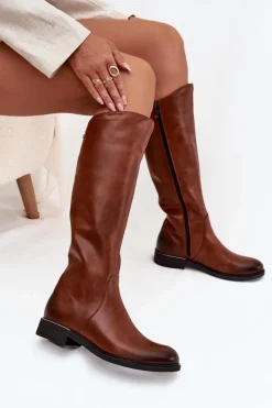 Zazoo Kozaki Ocieplane|Kozaki Płaskie*Skórzane Kozaki Damskie Na Płaskim Obcasie Ocieplane 70150 Brązowe