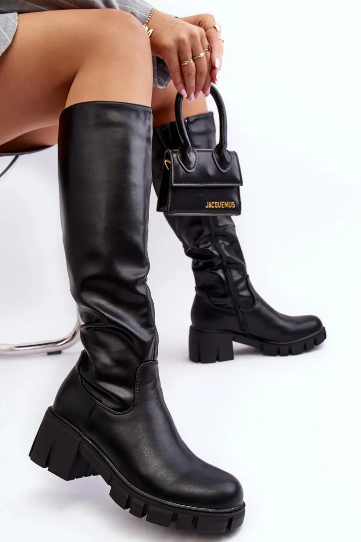 Damskie Buty damskie Vinceza Skórzane Kozaki Damskie Na Niskim Masywnym Obcasie Czarne Nienna