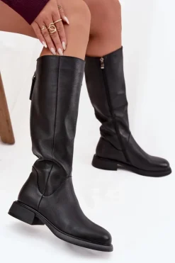 Damskie Damskie buty S.Barski Skórzane Kozaki Damskie Na Płaskim Obcasie Ocieplane D&A JC52-837 Czarne