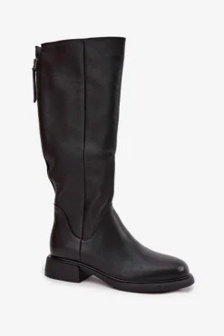 Damskie Damskie buty S.Barski Skórzane Kozaki Damskie Na Płaskim Obcasie Ocieplane D&A JC52-837 Czarne