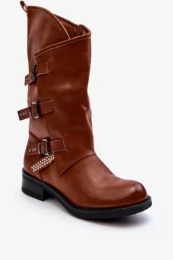 Damskie Boto Skórzane Kozaki Damskie Na Płaskim Obcasie Brązowe Nyreo