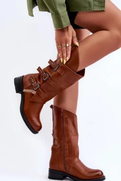 Damskie Boto Skórzane Kozaki Damskie Na Płaskim Obcasie Brązowe Nyreo