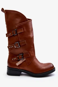 Damskie Boto Skórzane Kozaki Damskie Na Płaskim Obcasie Brązowe Nyreo